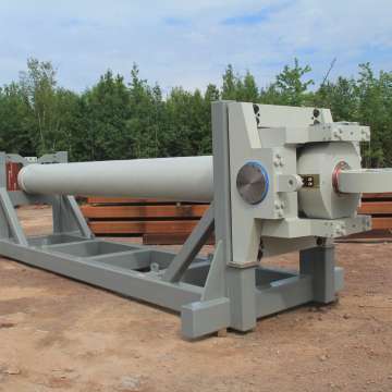 Large-bore, long-stroke ASME type hydraulic cylinder for Aerospace TEL with custom gimbal in shipping frame.